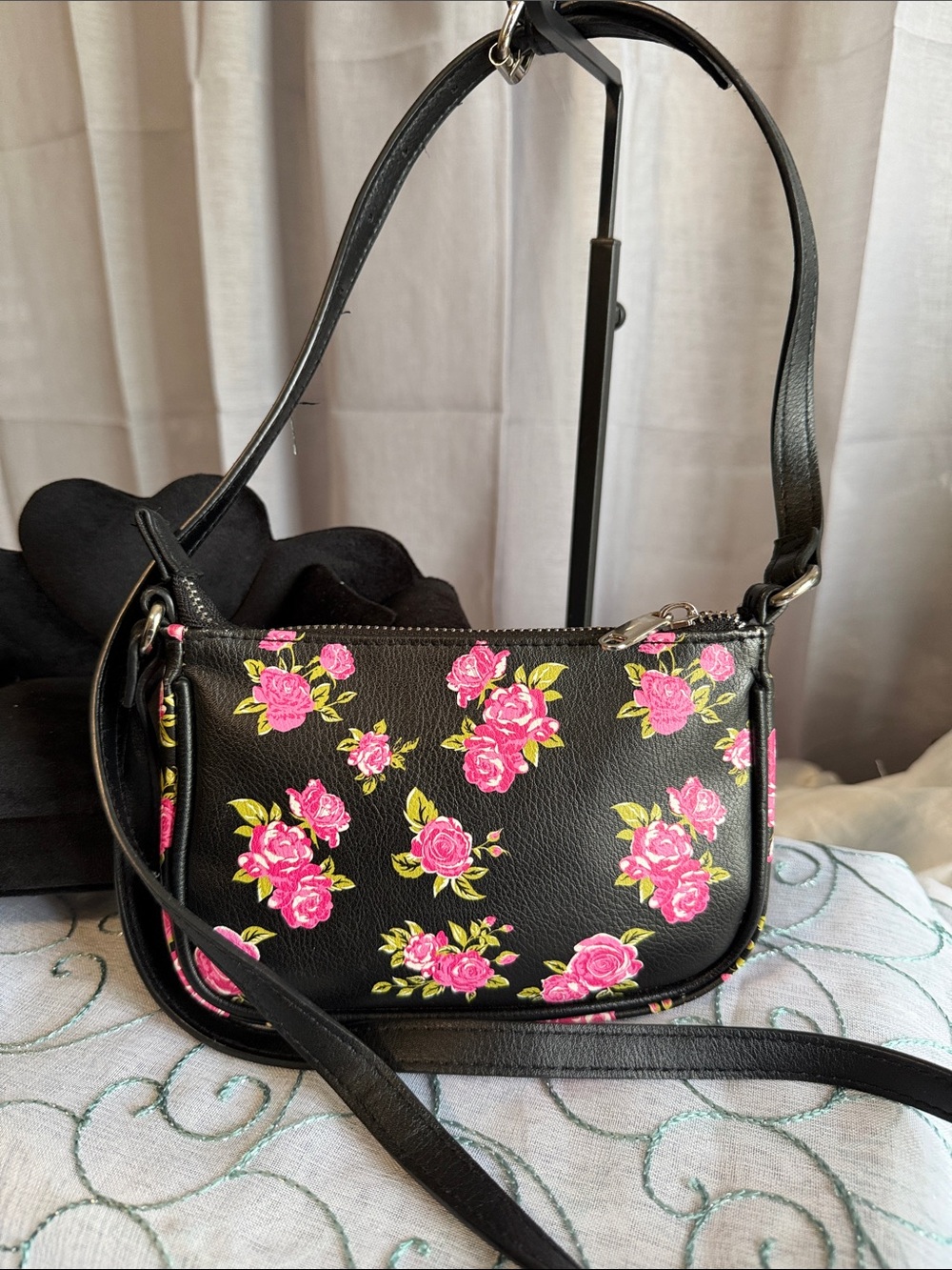 wild fable Black Crossbody Bag with Pink Floral Print